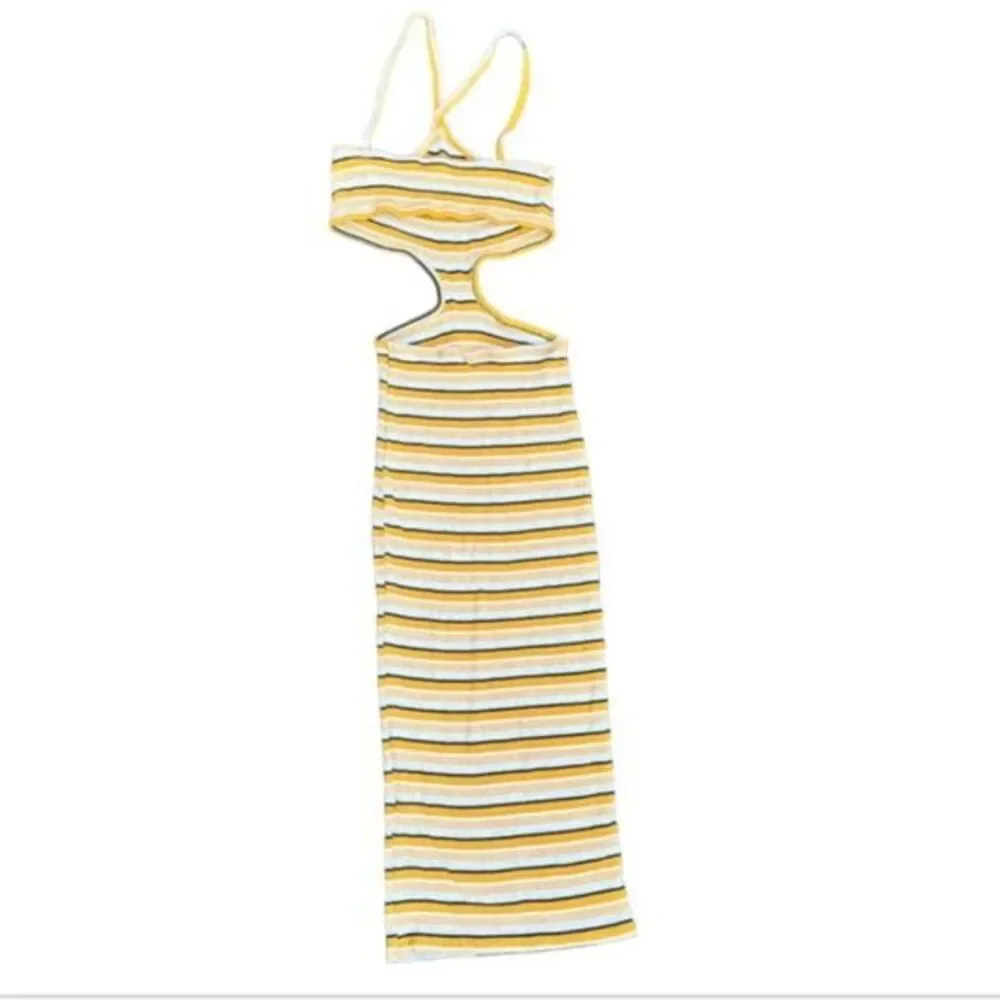 Yellow midi dress small striped cut out bodycon yellow halter ribbed sexy flirty - Picture 3 of 3